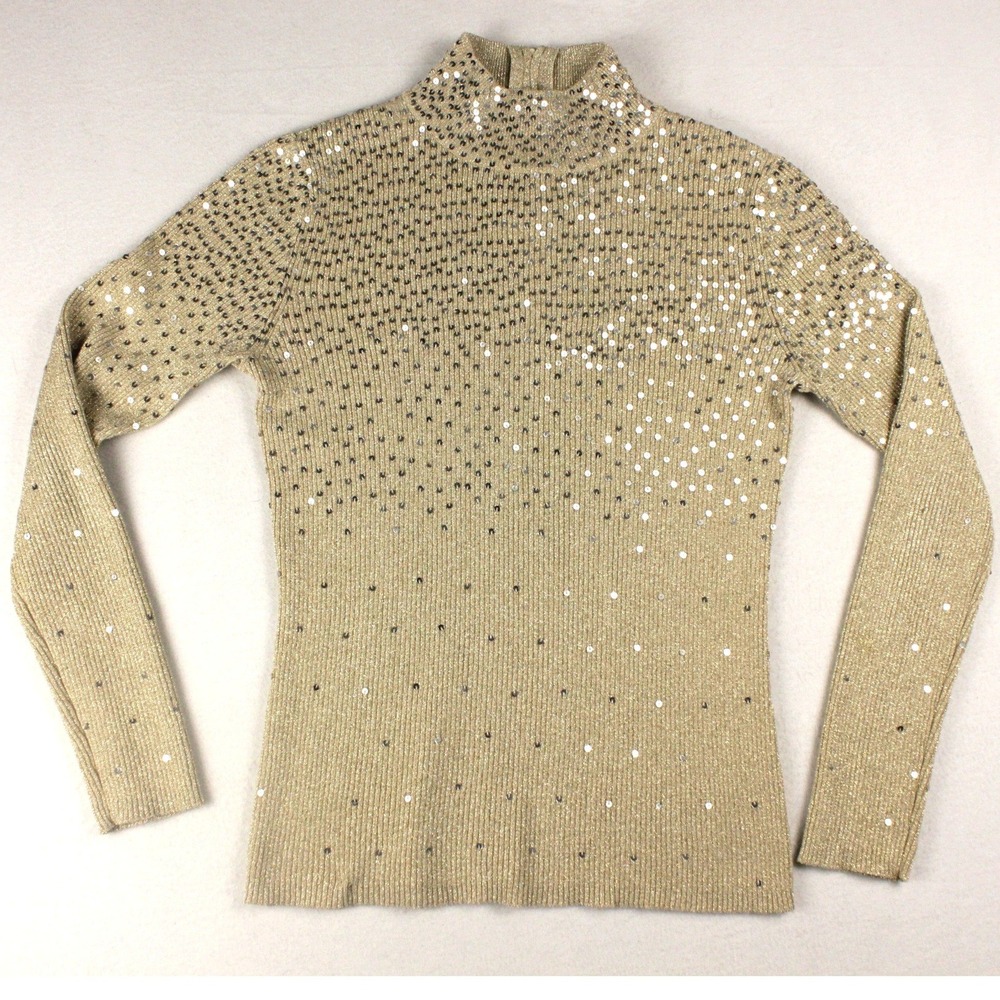 Vintage Once Again Gold Sequin Mock Neck Sweater Womens M Y2K Party Glam Top